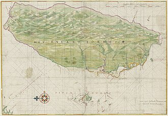 約1640年荷蘭人所繪福爾摩沙地圖，可見臺灣島、澎湖與周邊海域。